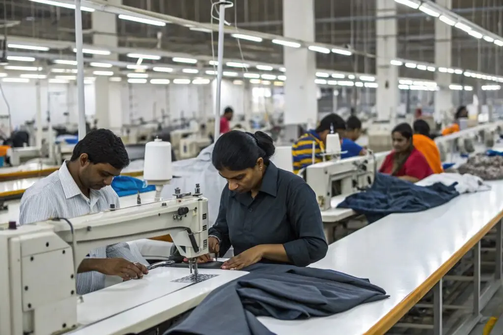 Workers sewing garments in a modern textile factory