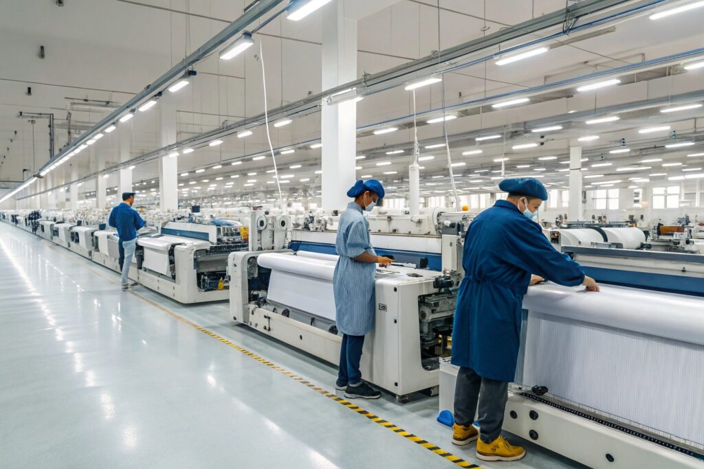 Workers operating textile machines in a modern factory, showcasing high-efficiency production
