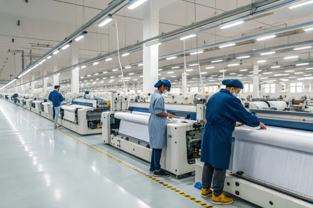 Workers operating textile machines in a modern factory, showcasing high-efficiency production