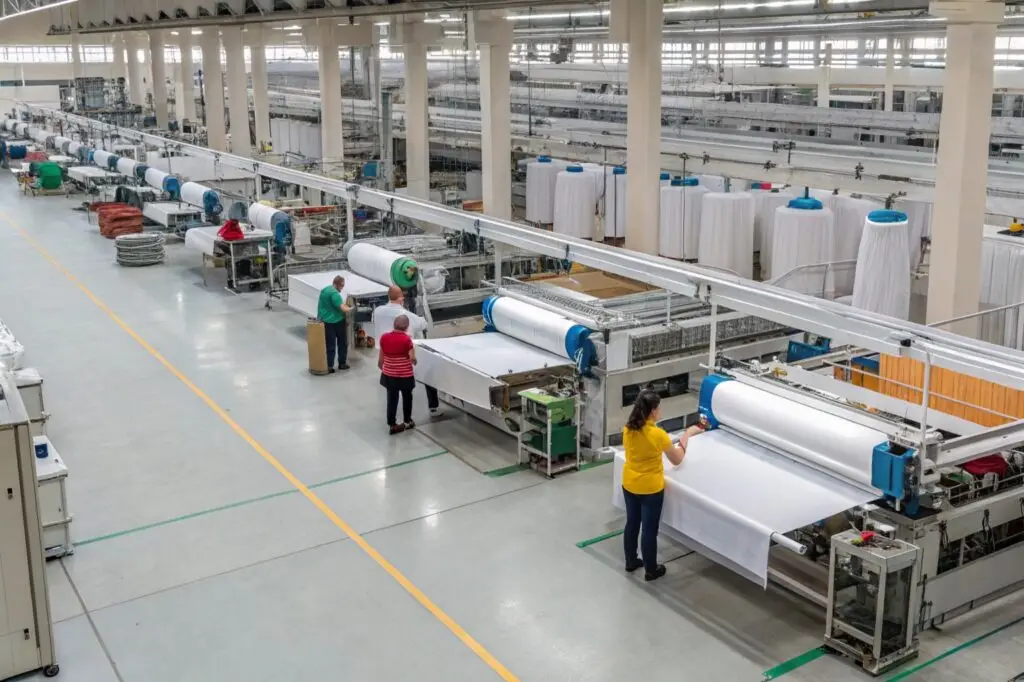 Workers operating textile machines in a fabric production facility
