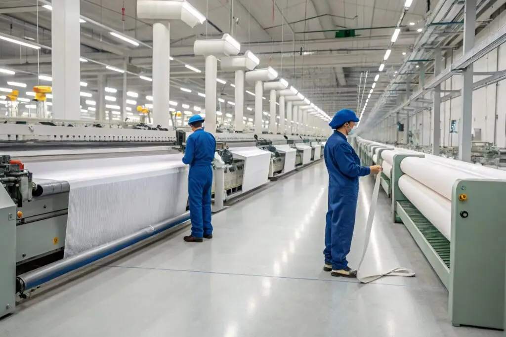 Workers monitoring fabric production in a high-tech textile factory