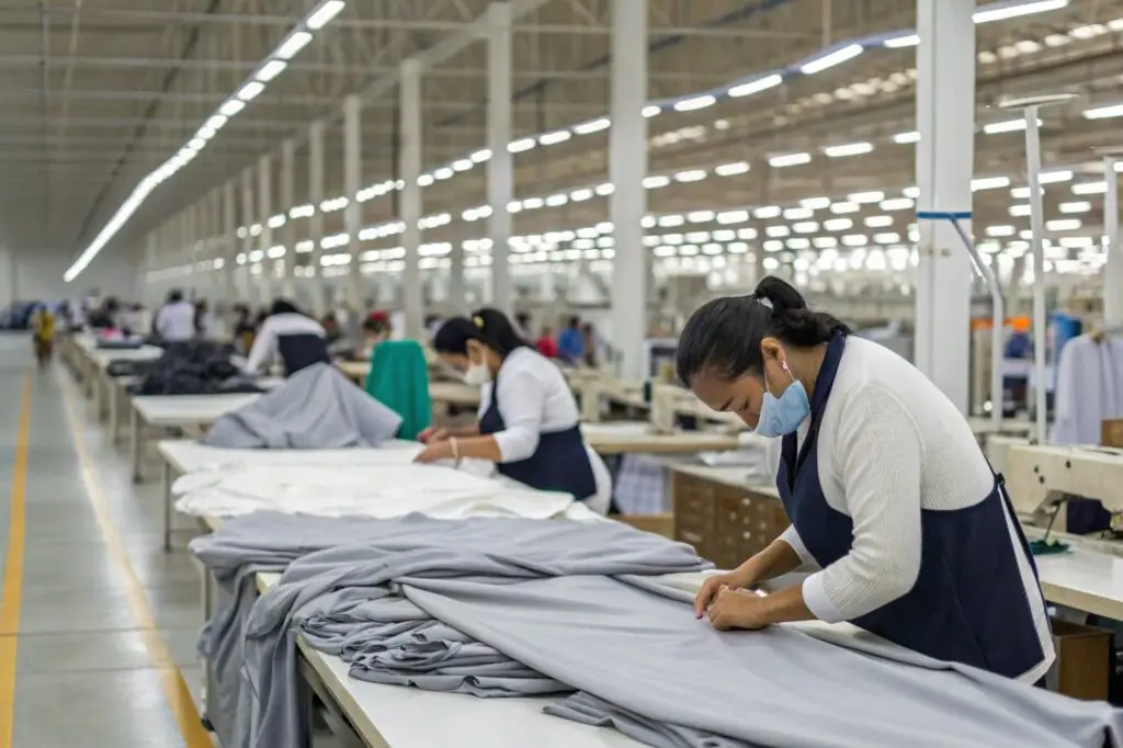 Workers inspecting and preparing fabric in a garment factory