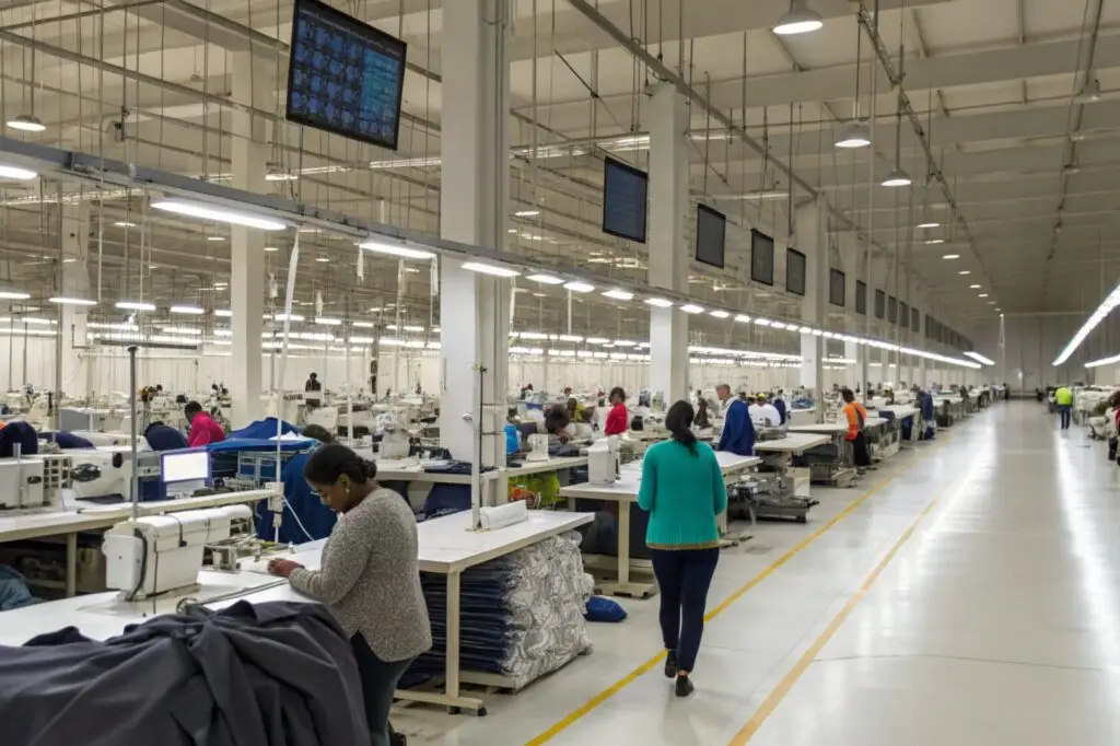 Workers sewing garments in a large-scale apparel factory