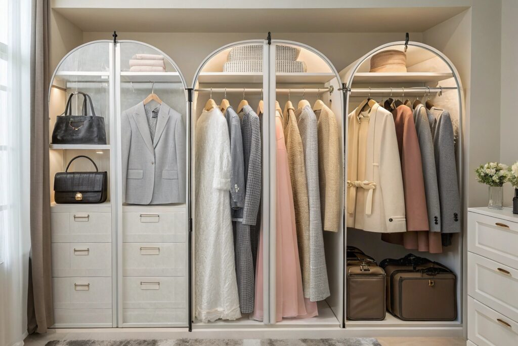 Elegant wardrobe with luxury clothing, handbags, and stylish storage in neutral tones