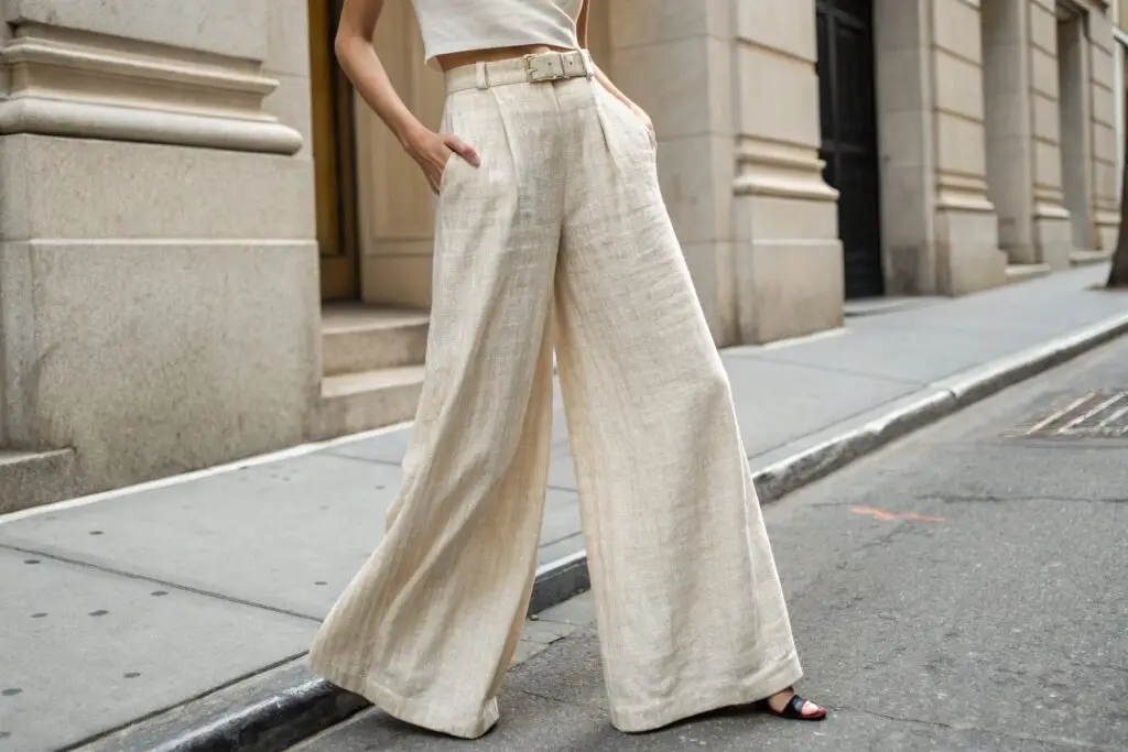 Women's high-waisted wide-leg linen pants in beige, elegant and breathable