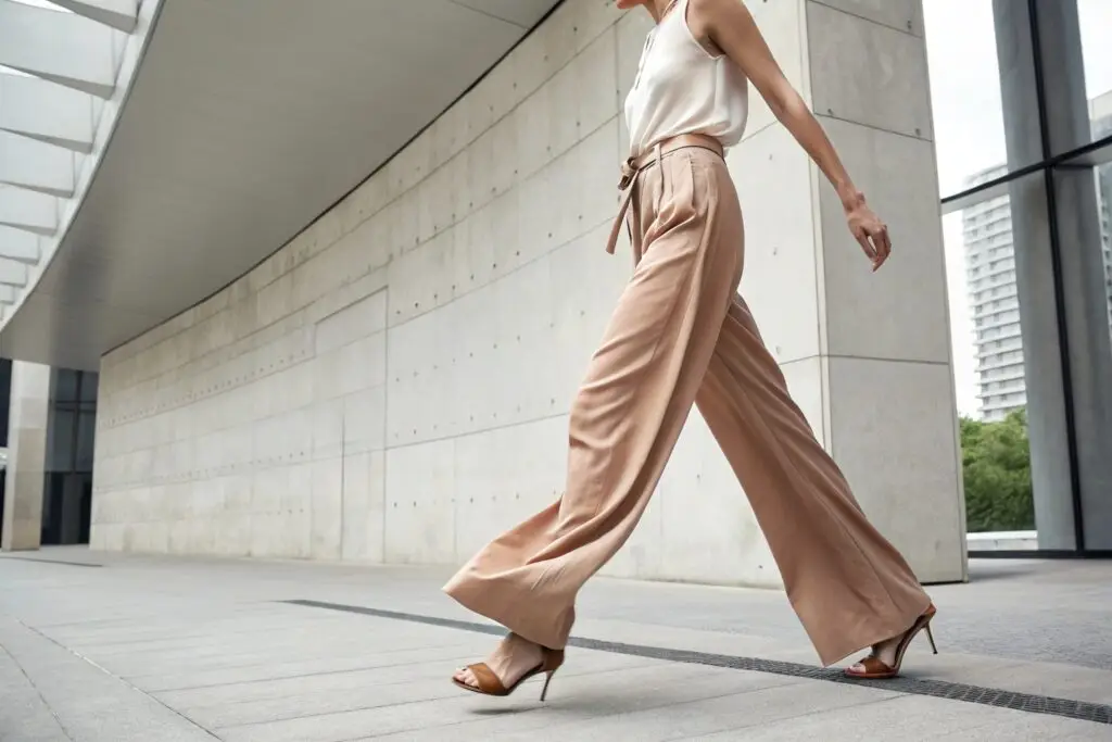 Women's high-waisted wide-leg trousers in beige, stylish and elegant
