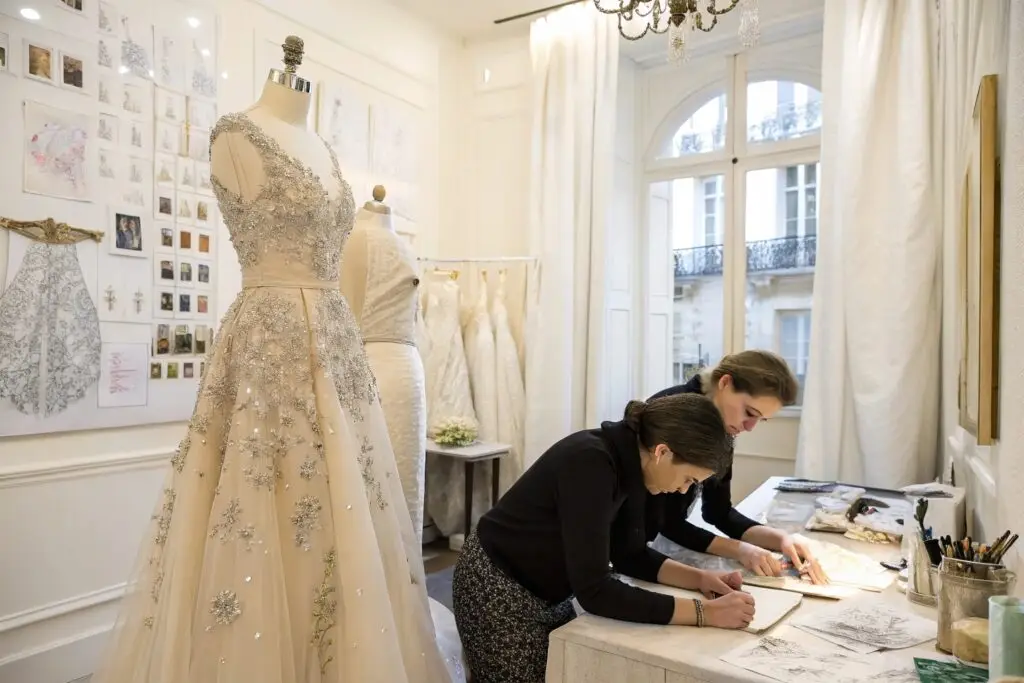 Luxury wedding dress designers at work