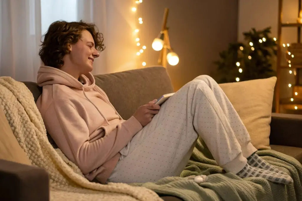 Person relaxing in cozy loungewear on sofa at night