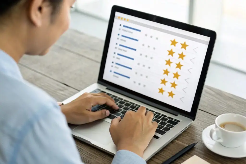 Business professional reviewing supplier ratings and feedback