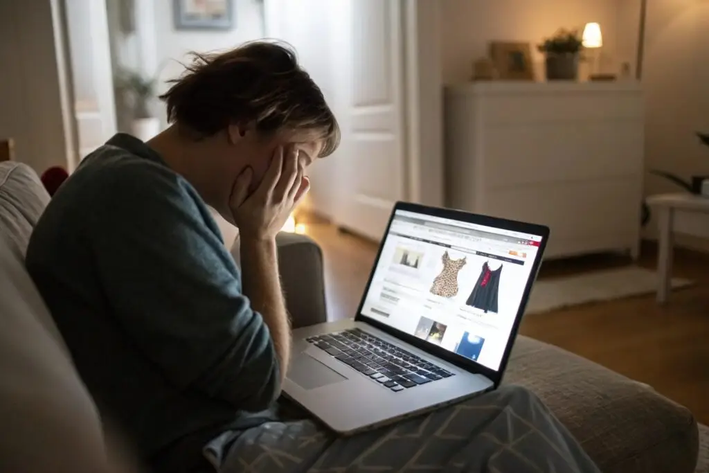 stressed shopper browsing clothing options online late at night