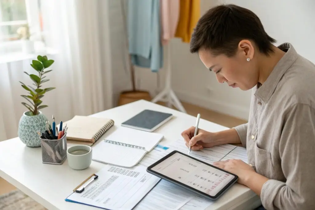 person planning monthly schedule at tidy desk with tablet and papers
