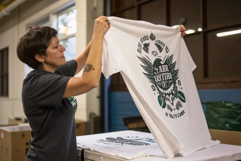 Person inspecting a freshly screen-printed T-shirt with a custom graphic design
