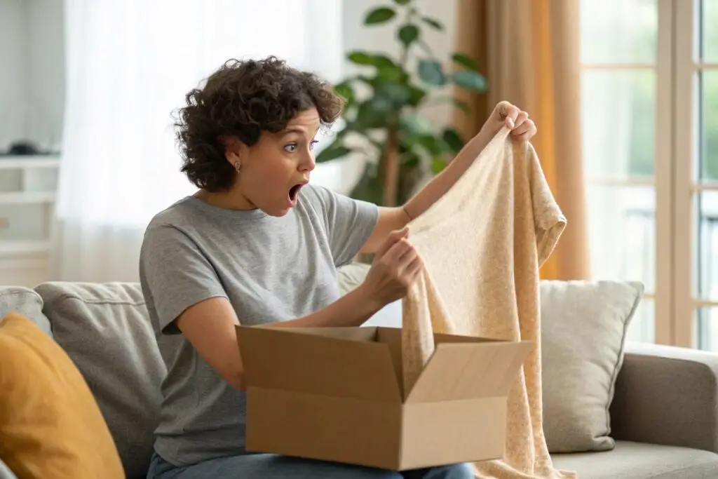 a person unboxing an online clothing order at home