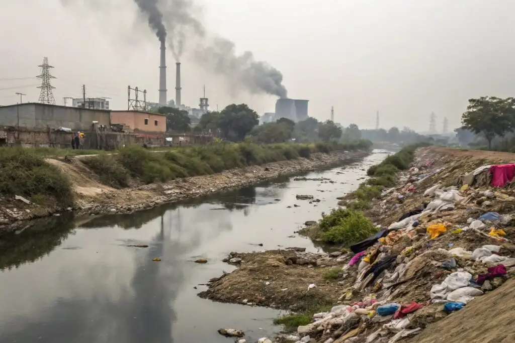 Polluted river next to a textile factory with chemical waste and fabric waste