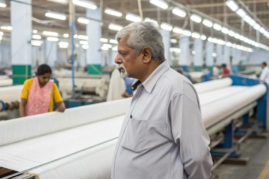 Textile factory overseer inspecting production process on the factory floor