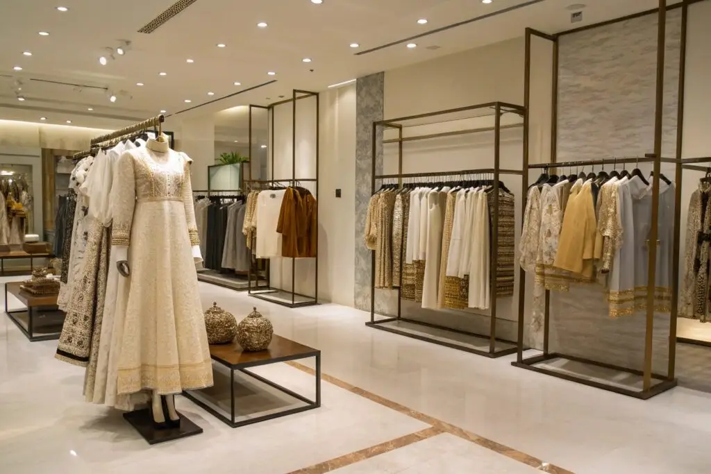Elegant Indian garments displayed in a luxury retail showroom