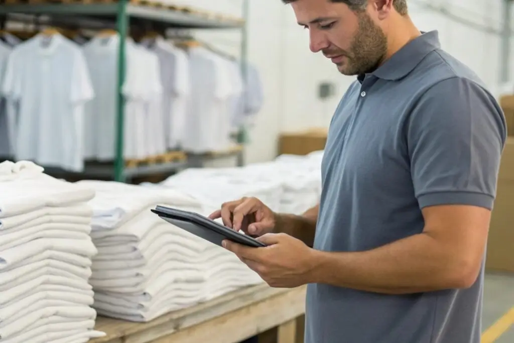 Business owner reviewing t-shirt inventory in a modern warehouse