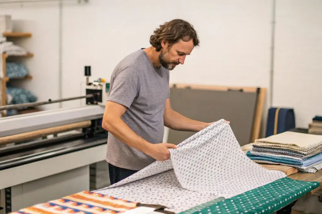 A print shop owner examining cotton fabric for production
