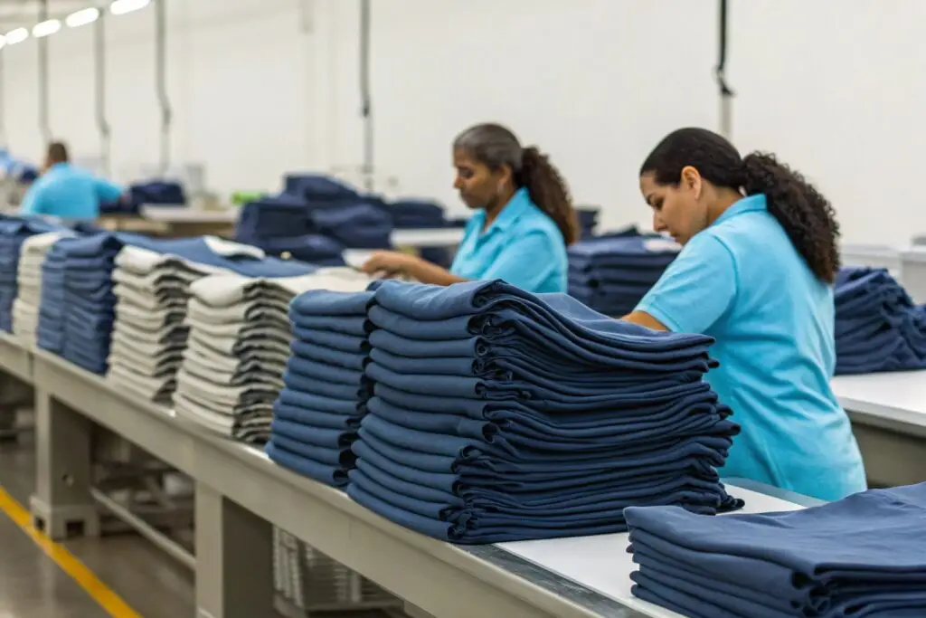 Workers folding and stacking finished garments