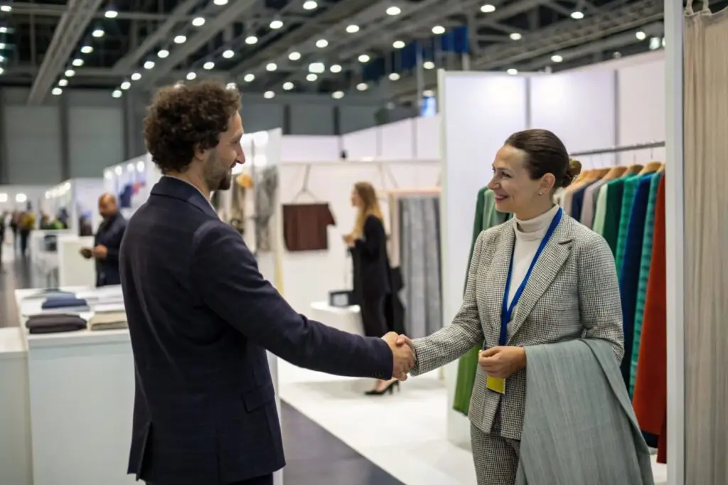 Business professionals networking at a fashion trade show
