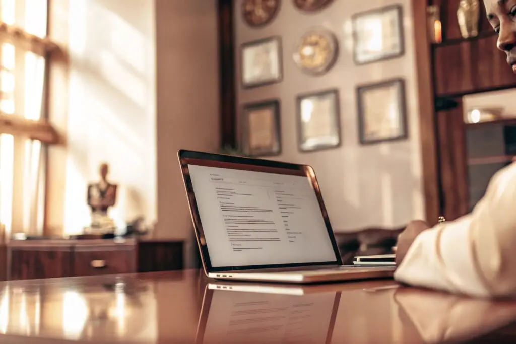 Business certification document displayed on a laptop in an executive office