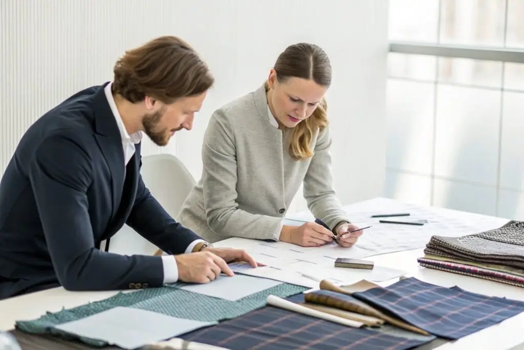 Fashion designers selecting fabrics and planning clothing patterns