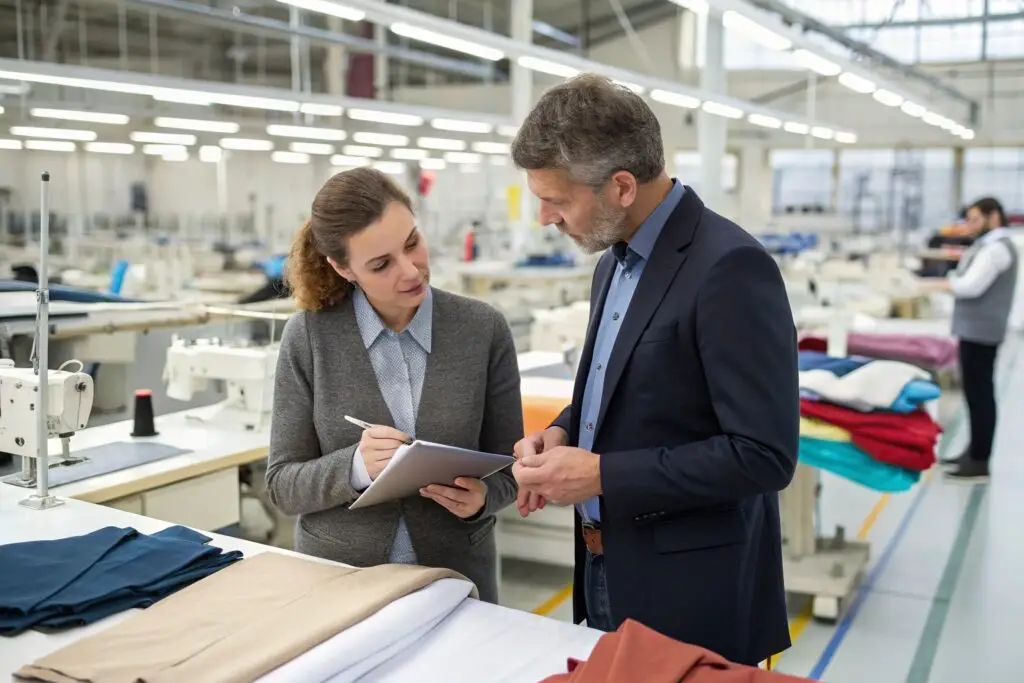 Textile professionals discussing fabric production in a factory