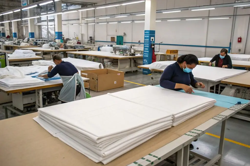 Professional clothing factory where skilled workers handle fabric