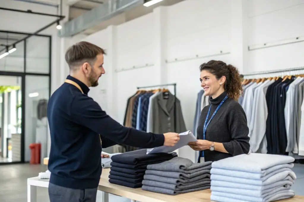 clothing buyer meeting supplier in showroom, reviewing custom garment samples