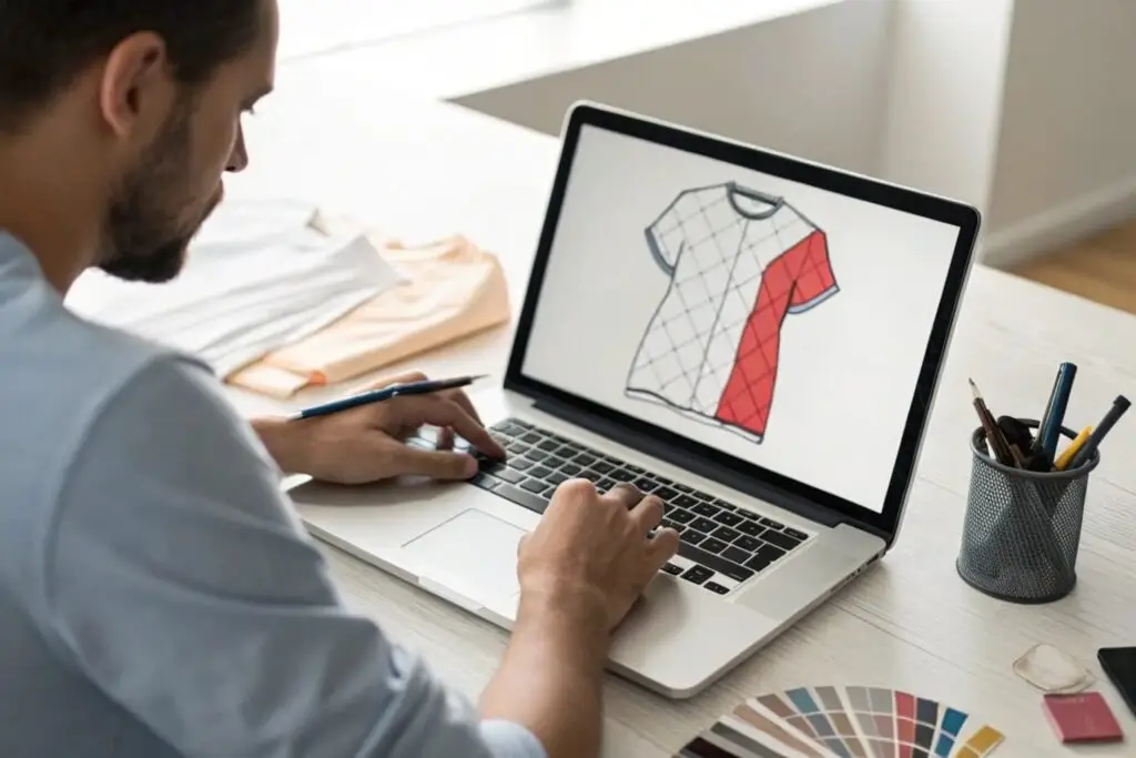 Custom T-shirt design process, a designer creating a digital T-shirt template on a laptop