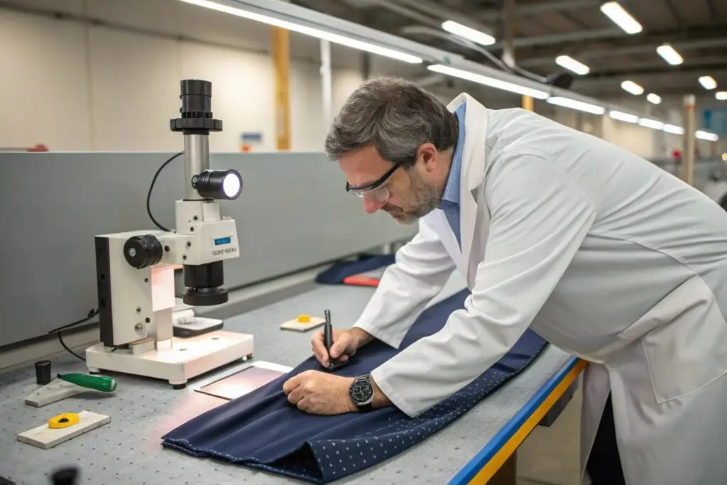 Professional fabric inspector examining textile quality under a microscope