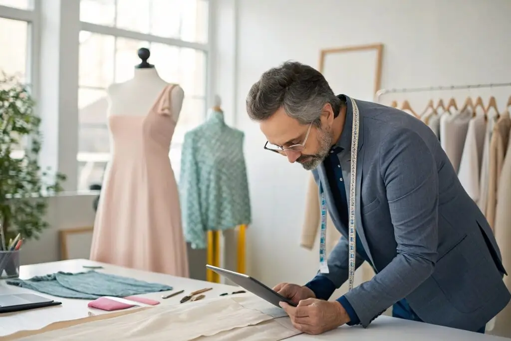 Fashion designer reviewing fabric patterns and designs with a tablet