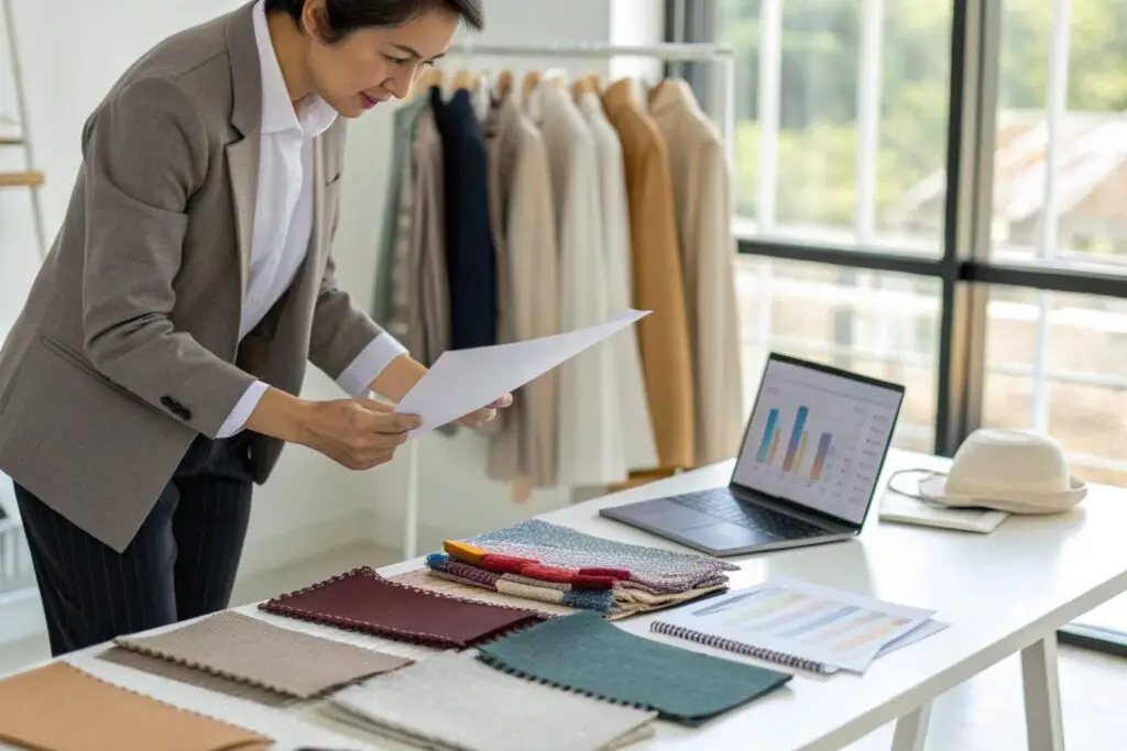 Professional fashion vendor reviewing fabrics and business data