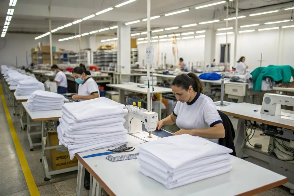 Professional garment factory with skilled workers sewing and stacking finished clothing items