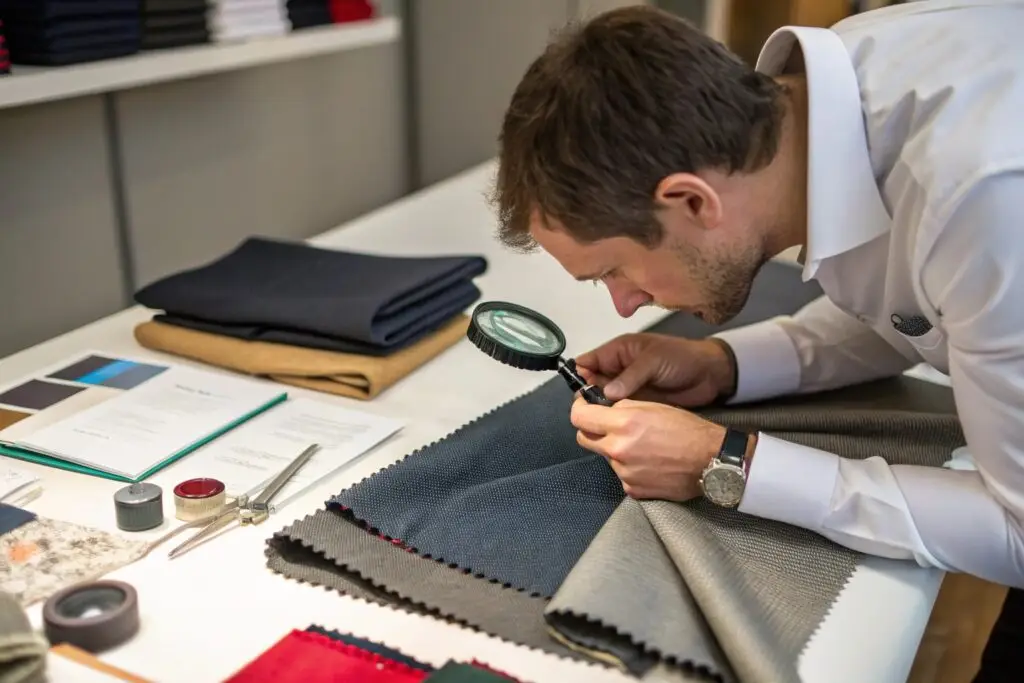 A professional garment inspector examining a piece of high-quality fabric with a magnifying glass in a well-organized textile workshop.
