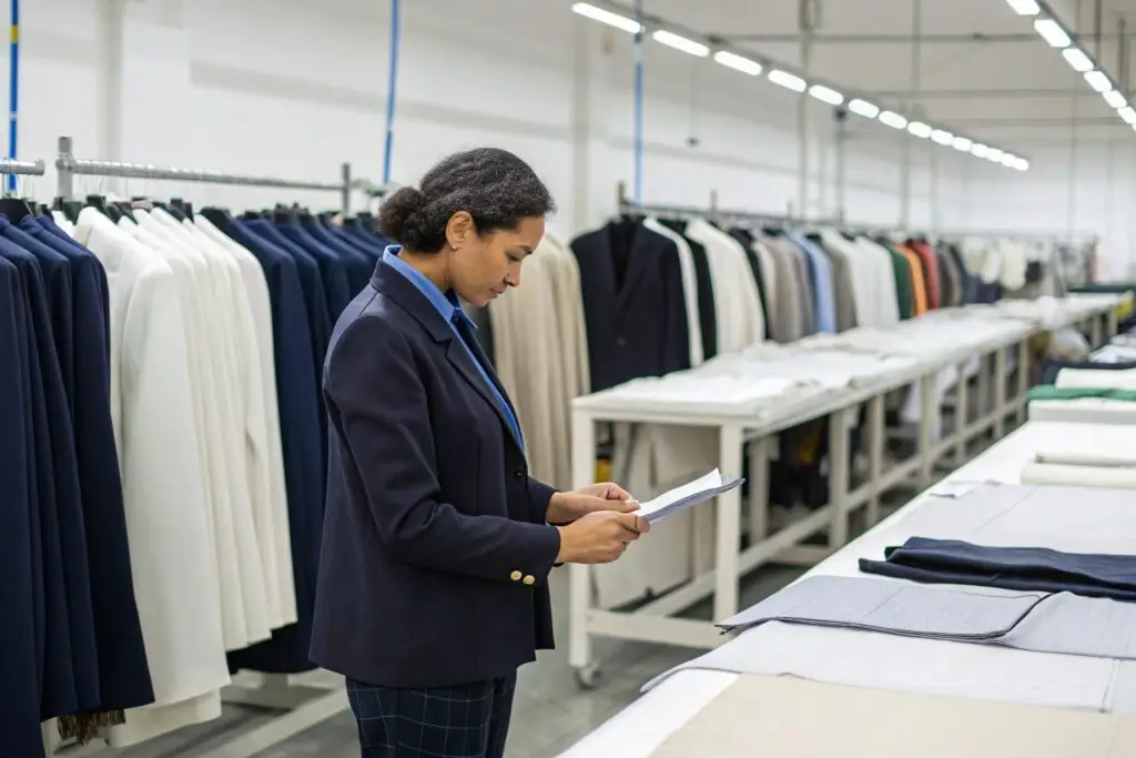 Professional garment inspector reviewing suit samples and fabric rolls in a manufacturing facility