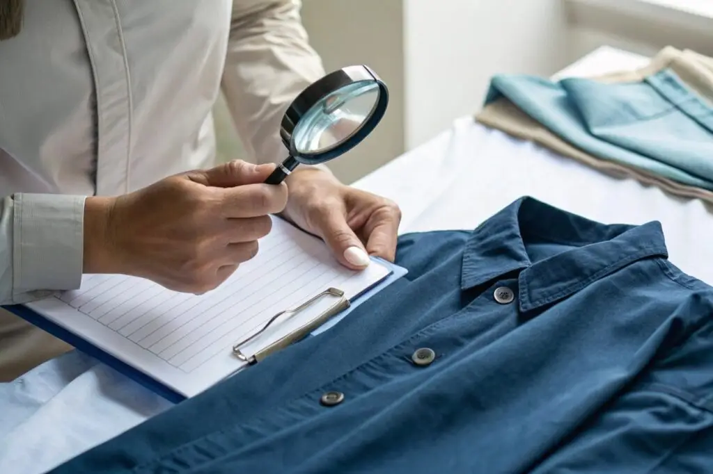 Quality inspector examining a garment with a magnifying glass