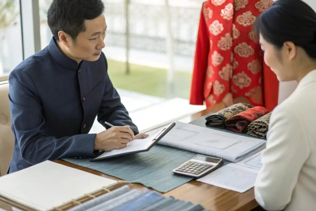 Fashion designers discussing traditional fabric and garment designs