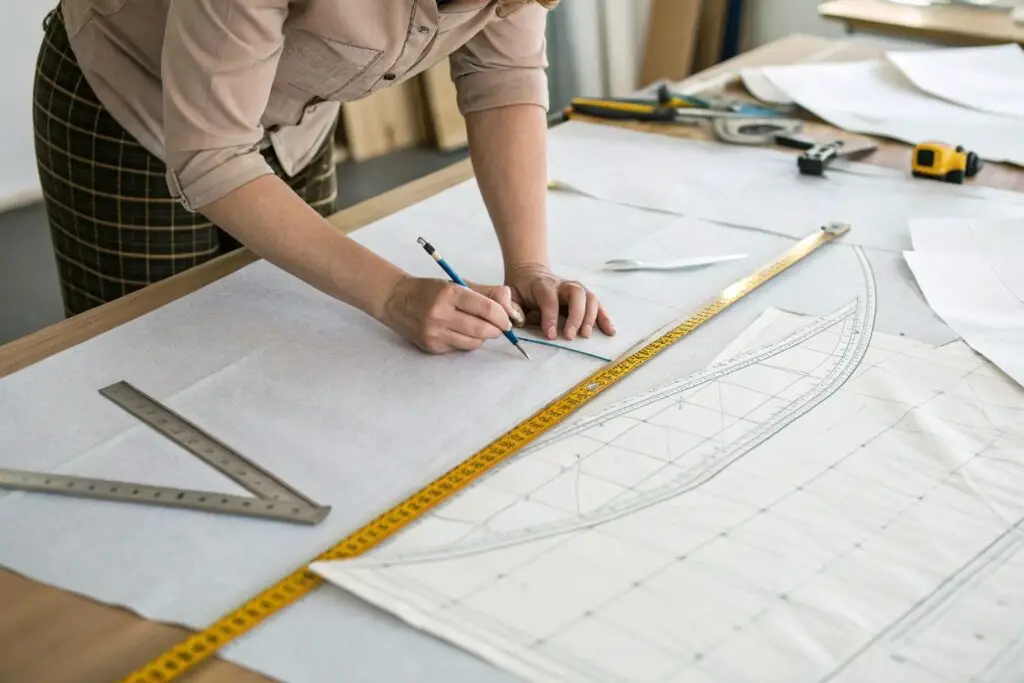 Pattern maker drawing and cutting fabric with precision tools