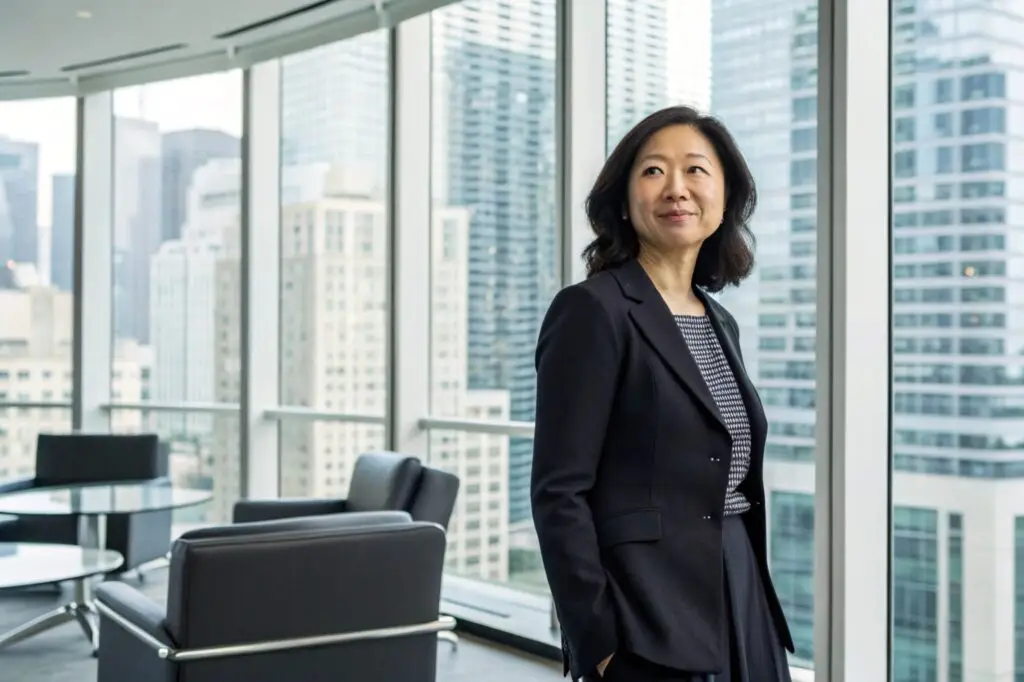 Confident businesswoman in a modern office with city view