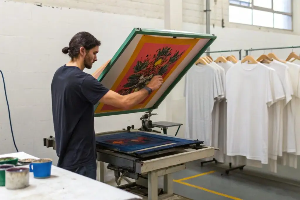 A technician operating a screen printing machine for custom t-shirt production