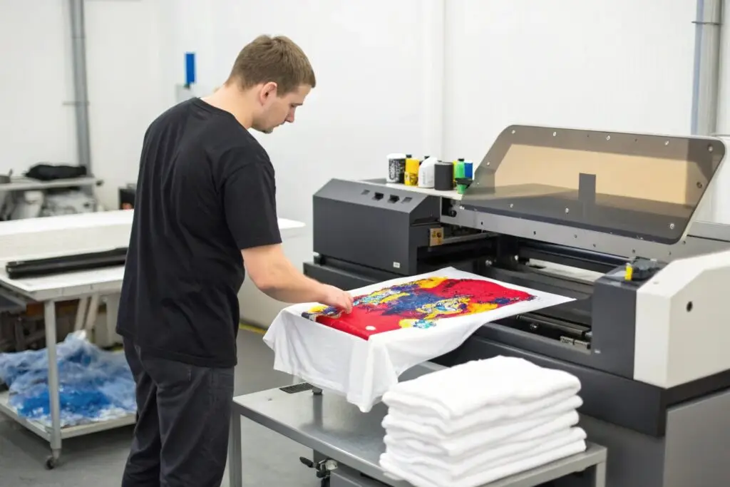 A technician using a direct-to-garment (DTG) printer to create a vibrant t-shirt design