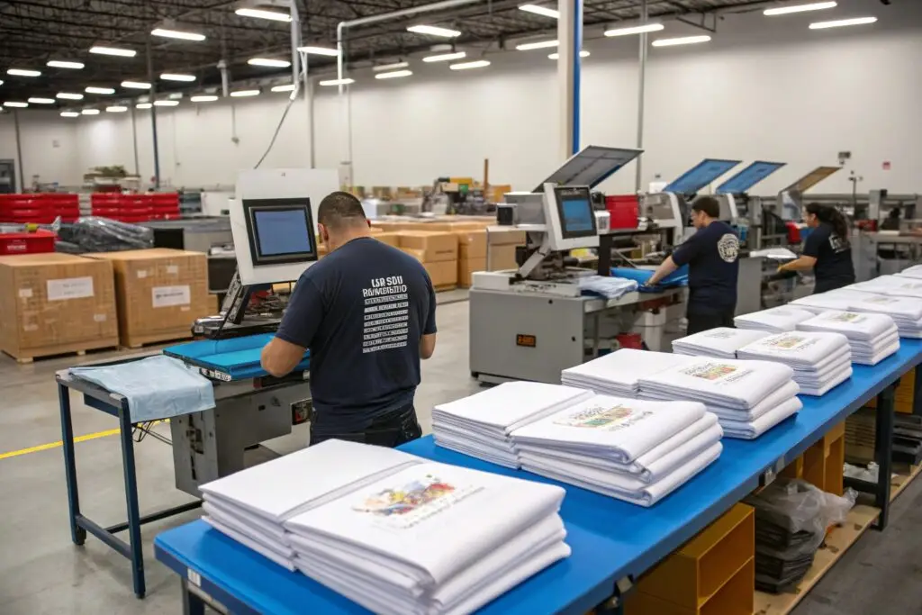 Workers operating printing machines in apparel production facility
