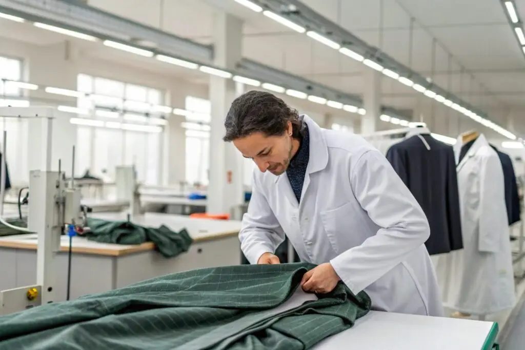 Quality control inspector examining suit fabric in garment factory