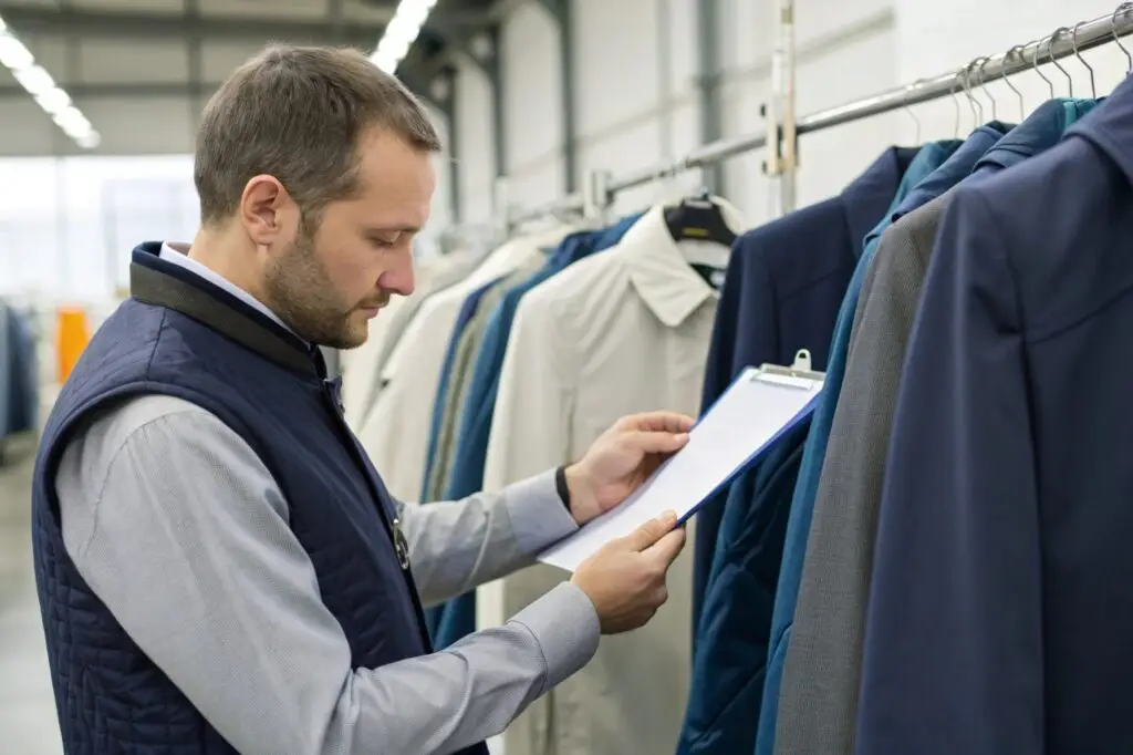 Inspector checking garments in a clothing warehouse