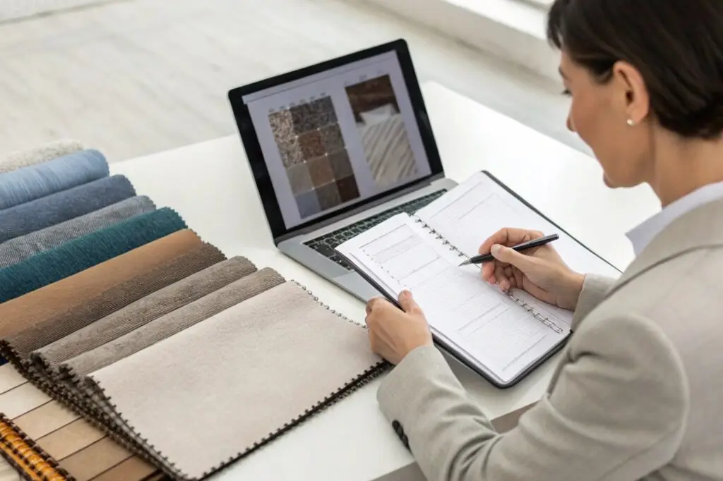 Textile designer reviewing fabric samples and production details