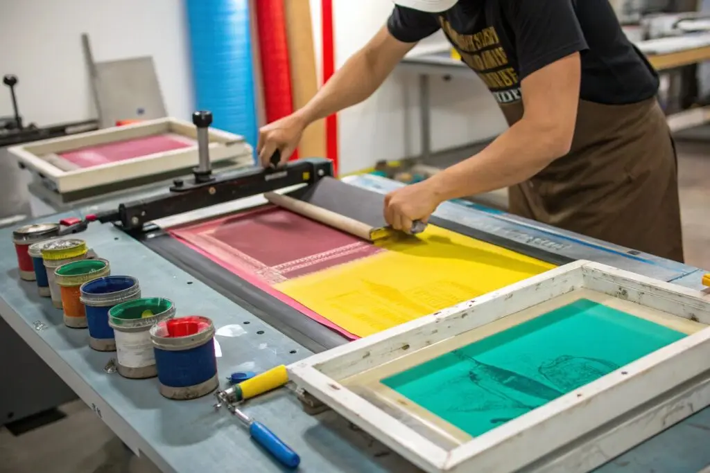 Professional screen printing setup with ink and frames