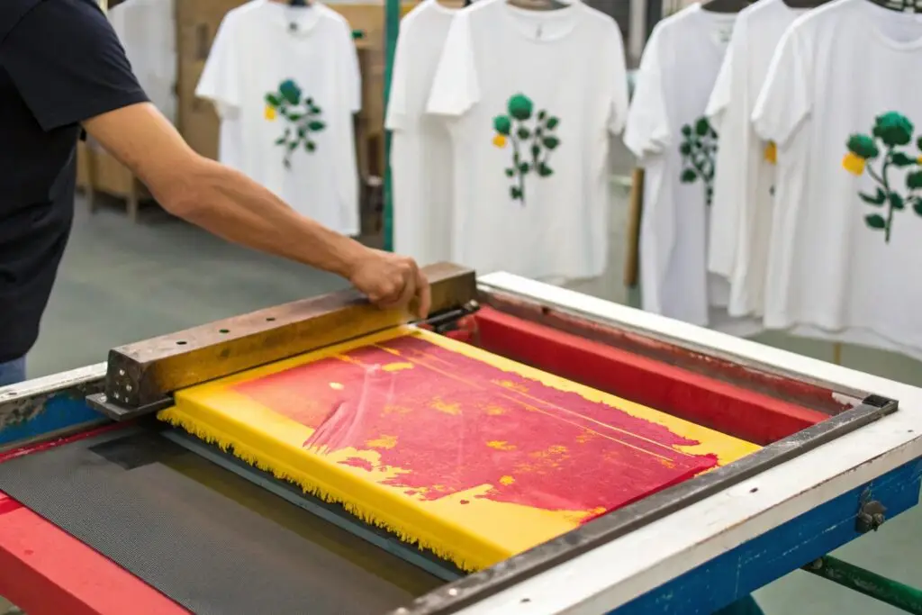 Screen printing process applying vibrant colors on fabric