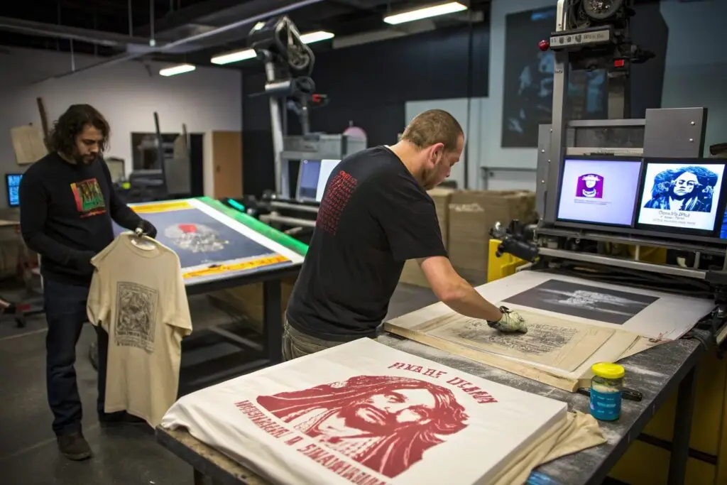 Professional screen printing studio where workers create custom t-shirt designs