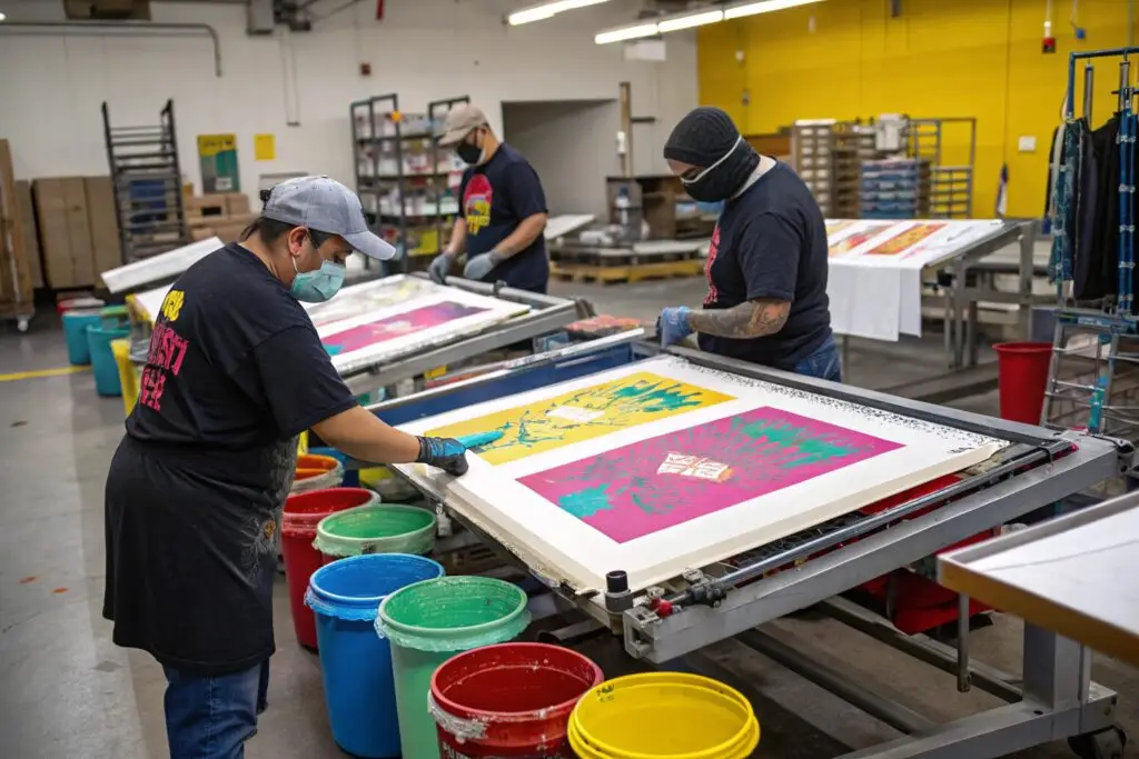 Workers performing high-quality screen printing in a workshop